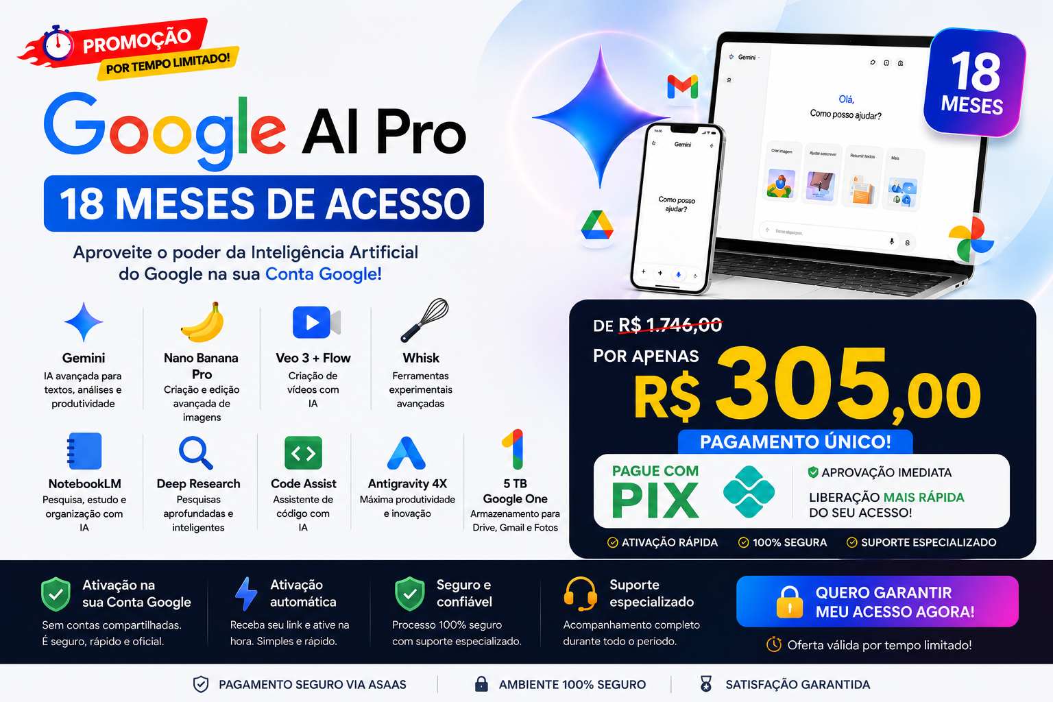 Oferta Google AI Pro no Pix por R$ 305
