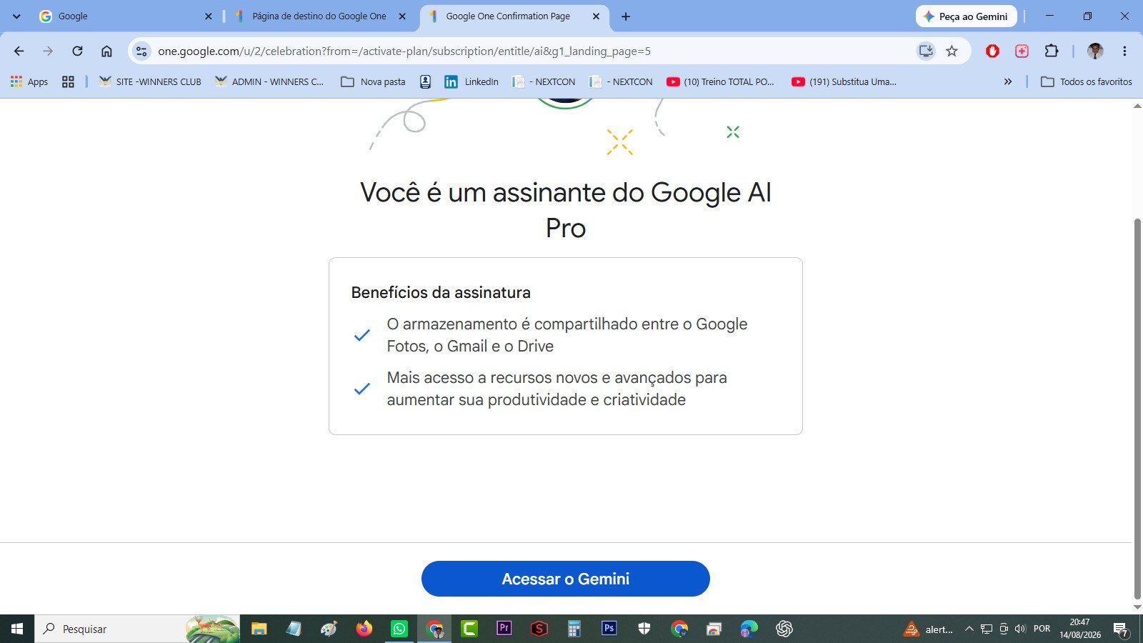 Confirmação de assinatura Google AI Pro